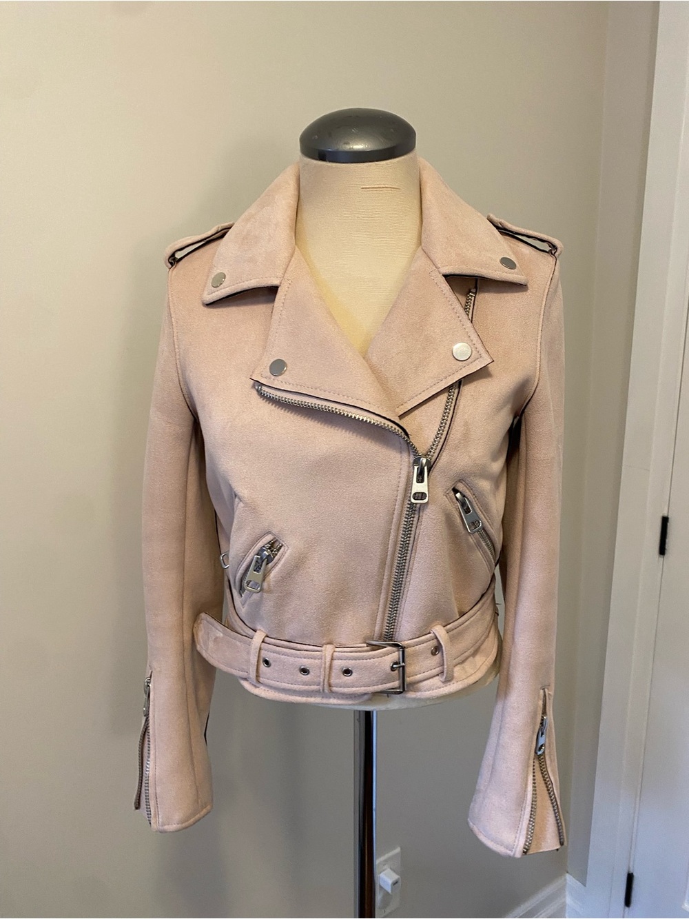 Zara Blush Pink Suede Moto Jacket with Belt